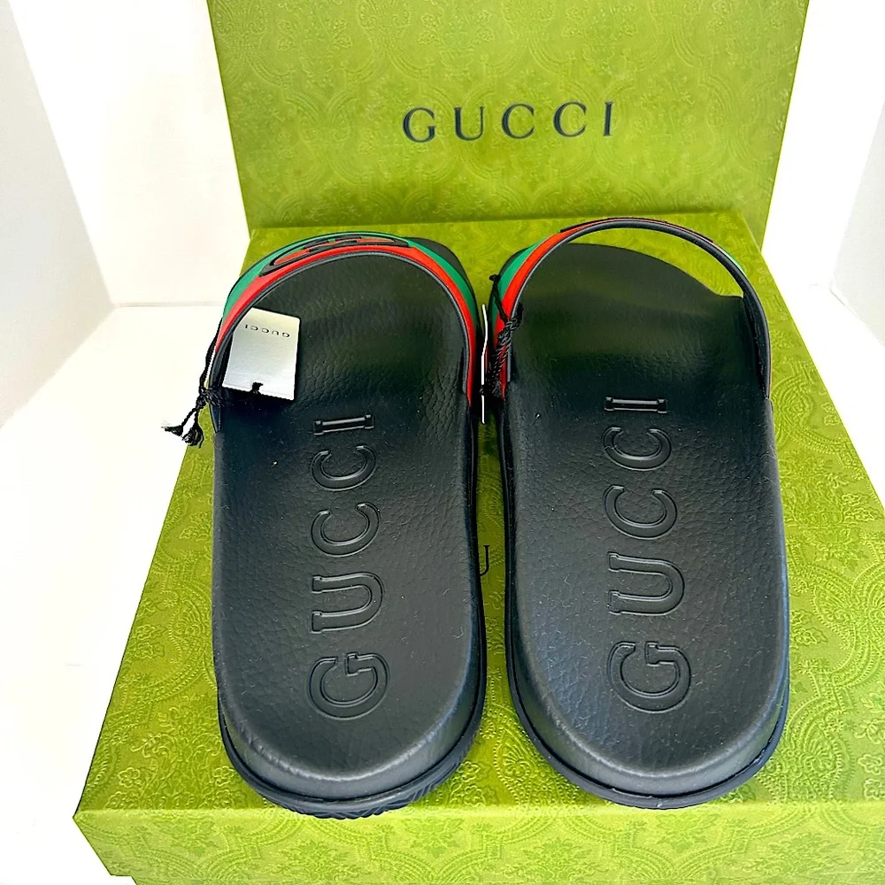 Gucci Black Slides with Red and Green Signature Stripe